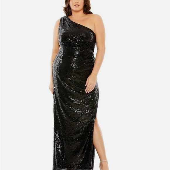 mac duggal black sequin dress Black Embellished Shoulder Evening Gown main image 0